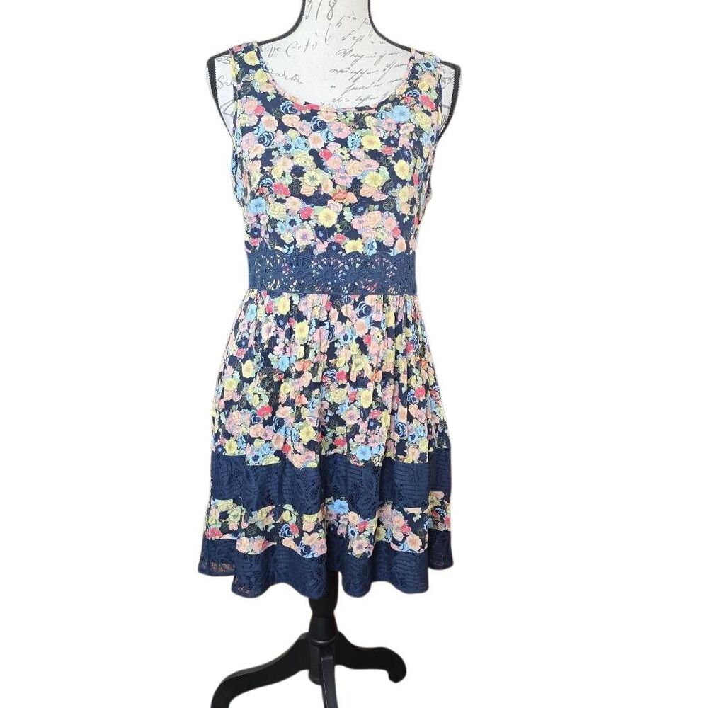 LC Lauren Conrad Women's Size 10 Navy Yellow Floral Print Lace Sleeveless Dress